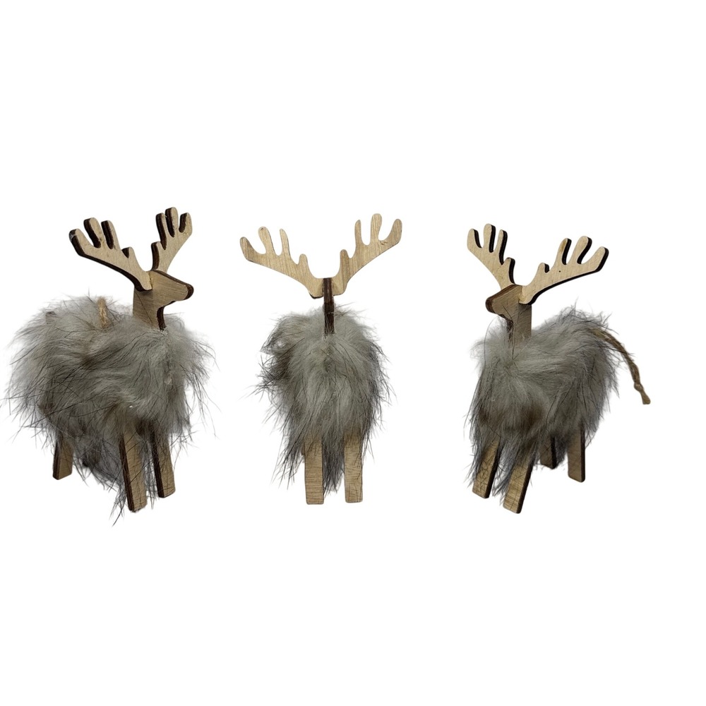 Unbranded Reindeer Ornament Set 3pc Unisex OS Tan Wood Faux Fur Rustic Christmas
